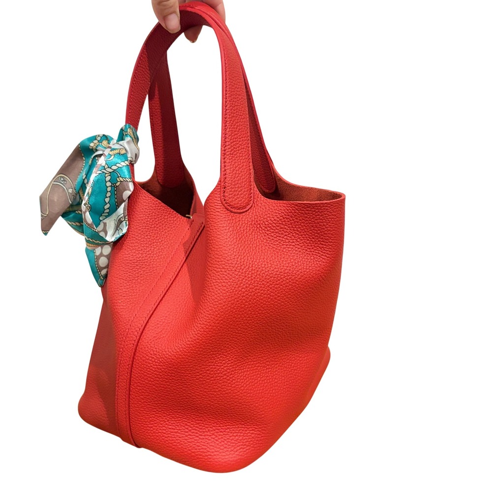 SADI Artisanal Leatherware Red Pebbled Leather Bucket Bag Tote with Scarf Charm - Picture 2 of 6